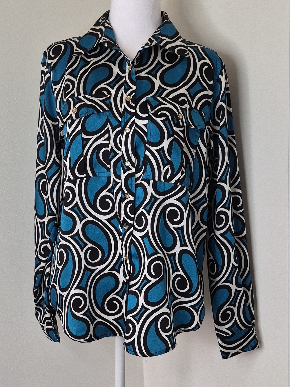Charter Club Womens Teal & Black Swirl Print Button-Front Shirt Size 10